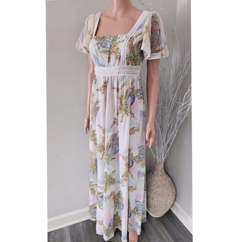 Vintage Bohemian Cotton Sheer Off White Floral Flutter Sleeves Maxi Dress